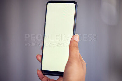 Buy stock photo Hand, phone screen and social media with mockup space for advertising or marketing online. App, contact or display and person with mobile for communication, networking or internet research closeup