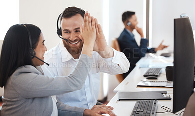 Buy stock photo Call center, teamwork and high five for working, telemarketing and success in office in sales, consulting or company. Business, people and team celebration for winning, target and deal in b2b