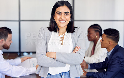 Buy stock photo Shot of a young businesswoman in the middle of a meeting