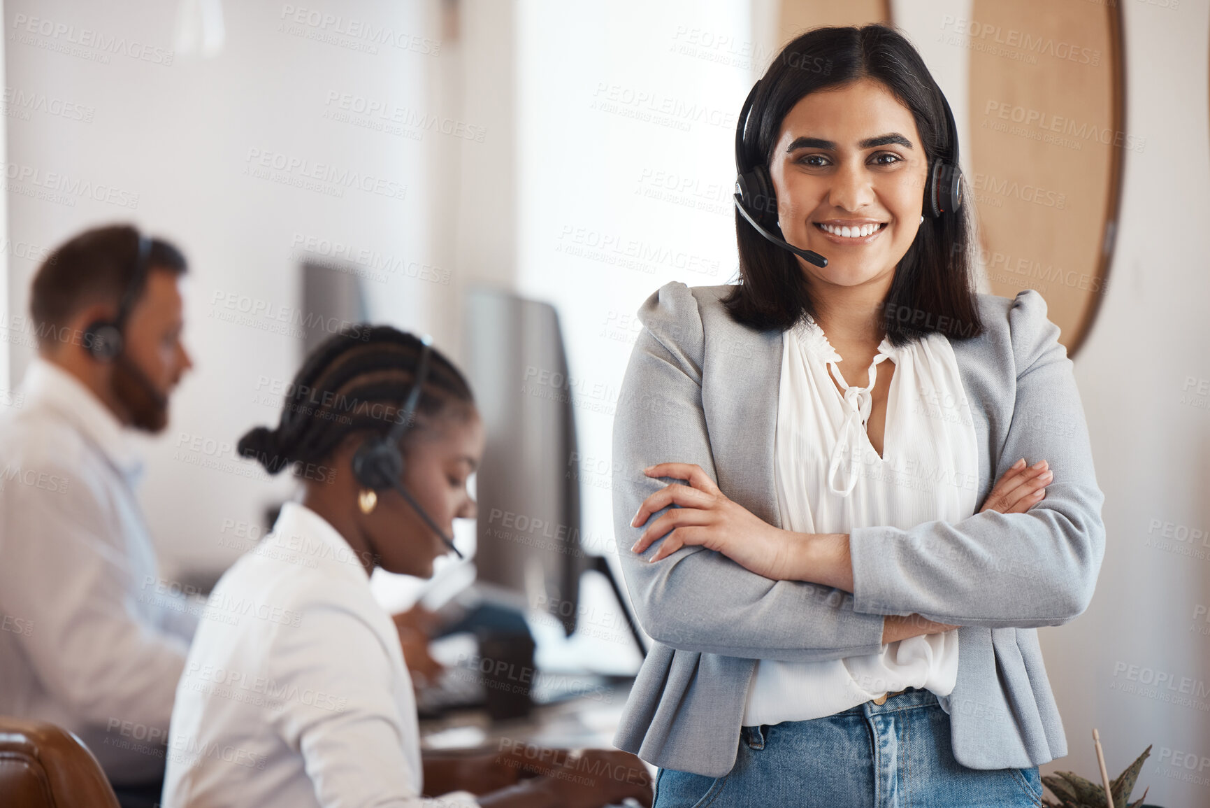 Buy stock photo Happy, portrait of woman with a headset and arms crossed in her modern office at her workplace. Telemarketing or call center, online communication and female person smile for customer service