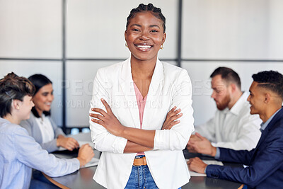 Buy stock photo Black woman, confident and portrait in meeting, employee and proud of leadership opportunity. Female person, arms crossed and smile for company development, professional and mentor for training