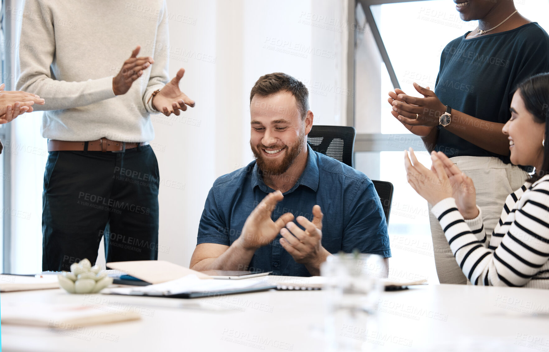 Buy stock photo Business people, celebration or applause in office for communication, teamwork and collaboration or deal. Planning, coworkers or colleagues in boardroom for support, partnership or negotiation