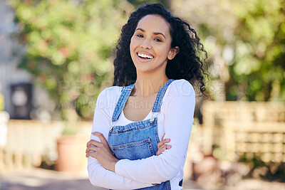 Buy stock photo Arms crossed, portrait and smile with woman in nursery for gardening, growth or landscaping for startup business. Garden, summer and sustainability with happy florist outdoor for flower or plant sale