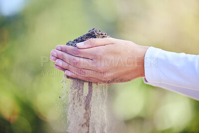 Buy stock photo Soil, hands and gardener in outdoor garden for agriculture, sustainability or drought with bokeh. Closeup, nature and person with sand for climate change, inspection and compost on earth day 