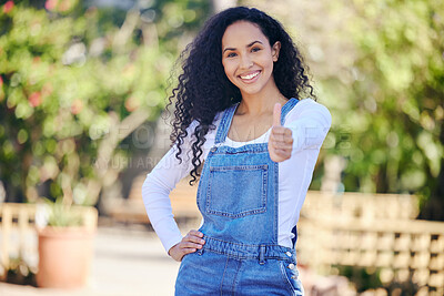 Buy stock photo Portrait, smile and thumbs up with woman in nursery for gardening, growth or landscaping for startup business. Garden, success and sustainability with happy florist outdoor for flower or plant sale