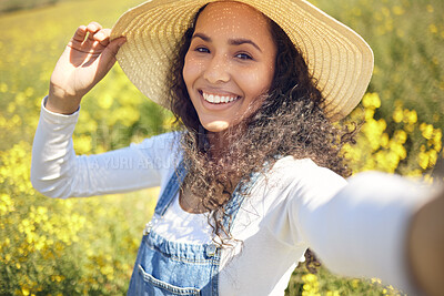 Buy stock photo Woman, selfie and smile for flowers, nature or field with sun hat portrait or sustainable farming. Farmer, agriculture and ecology with meadow, environment or countryside for carbon capture or green