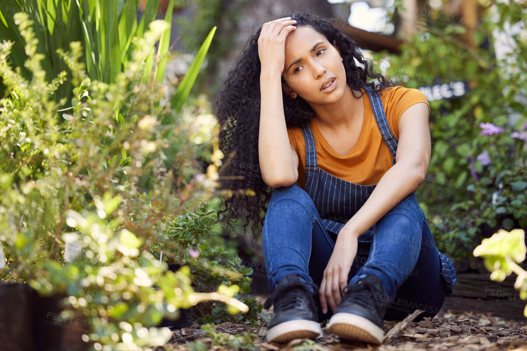 Buy stock photo Plants, thinking and woman worker in garden with stress, burnout and overworked in small business. Florist, exhausted and fatigue with headache of work pressure, problem and backyard of shop owner