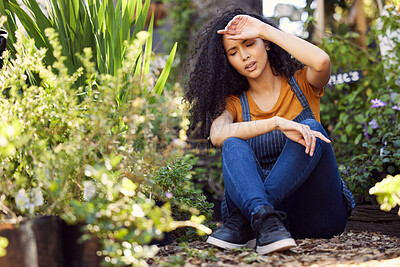 Buy stock photo Plants, stress and woman worker in garden with pain, burnout and overworked in small business. Florist, exhausted and fatigue with headache of work pressure, problem and backyard of shop owner