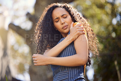 Buy stock photo Shoulder, pain and woman in garden with injury, accident or florist sick of stress outdoor in low angle. Arm, worker and muscle problem of fatigue, arthritis or tired of fibromyalgia in greenhouse