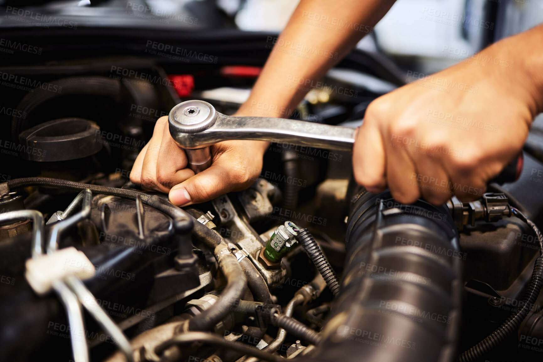 Buy stock photo Person, hands and mechanic with spanner for fixing engine in workshop for motor maintenance. Engineer, vehicle repairs and oil change in routine car checkup and road validation test in garage