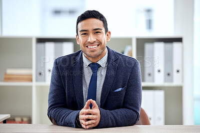 Buy stock photo Portrait, office and happy business man, consultant or advisor in client POV for discussion, financial leader and help. Face of young accountant, corporate employee or asian person at his desk  