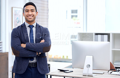 Buy stock photo Corporate, arms crossed and portrait of business man in office for happy, professional and pride. Happiness, smile and entrepreneur with male employee for mission, natural and management