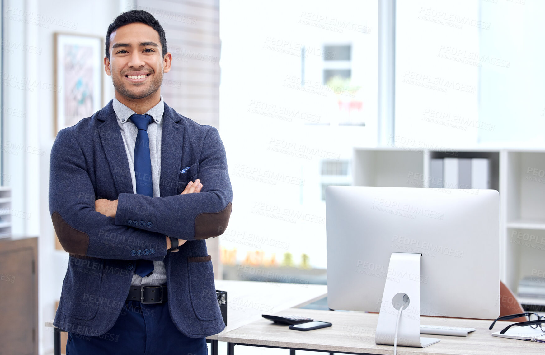 Buy stock photo Corporate, arms crossed and portrait of business man in office for happy, professional and pride. Happiness, smile and entrepreneur with male employee for mission, natural and management