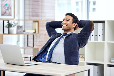 Buy stock photo Relax, stretching and happy business man on laptop at desk in planning, working and office or job goals. Break, computer and productivity of employee, corporate worker or person and hands behind head