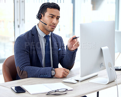 Buy stock photo Call center, computer and business man, IT consultant or technical support agent talk, communication and advice. Helping, callcenter and solution of asian person on desktop for information technology