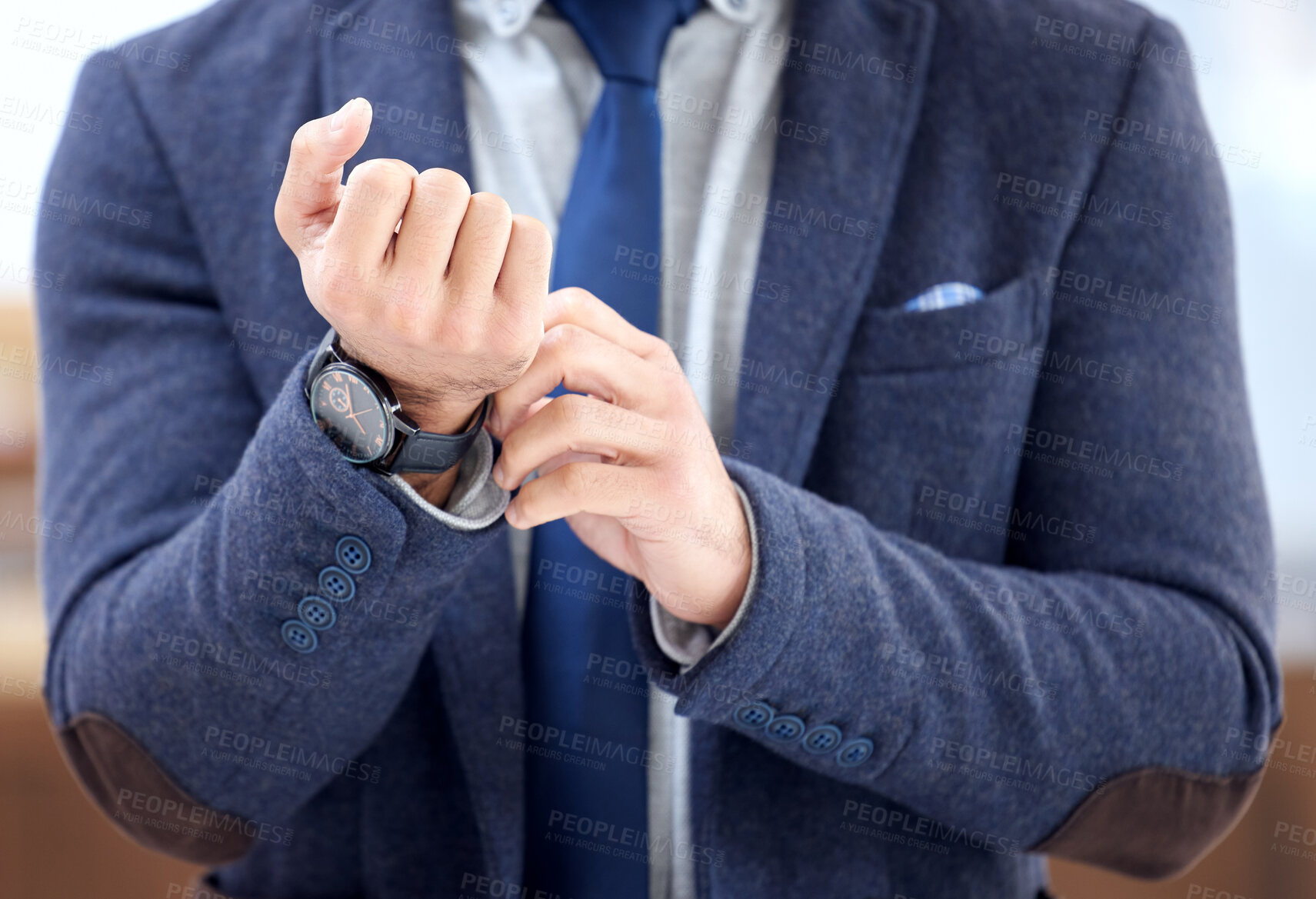 Buy stock photo Business man, wristwatch and fashion in office, clock and time management for schedule or appointment. Male person, workplace and employee for formal style, punctual and professional for lawyer