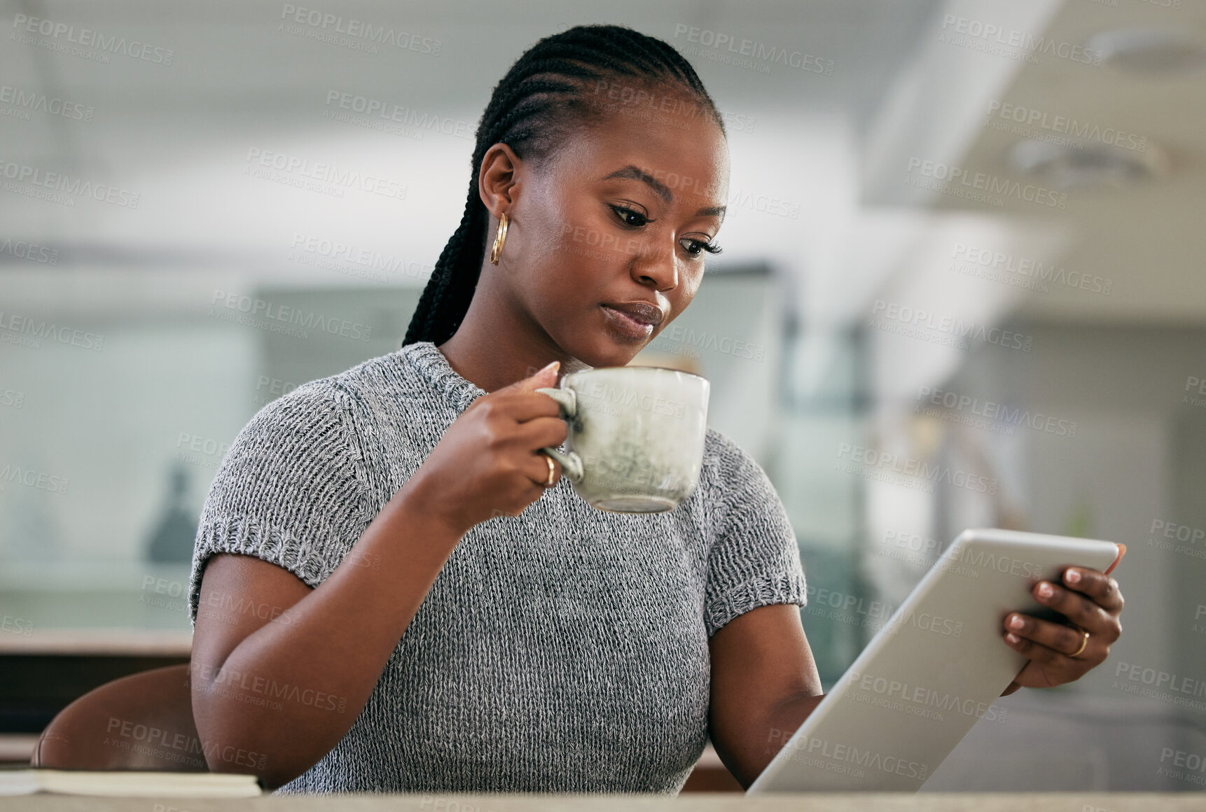 Buy stock photo Agenda, coffee and tablet with business black woman in office to do research for project management. Planning, schedule and technology with design employee in creative workplace for networking
