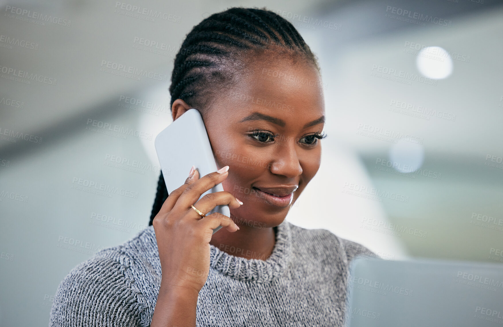 Buy stock photo Business, black woman and phone call in office for talking, deal or negotiation on laptop in startup. Mobile, news and professional in discussion, networking or creative designer chat with contact