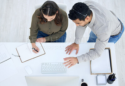 Buy stock photo Above, call center  and people in office for training together, working on desk with computer, notebook and teamwork. Businessman, woman and work in collaboration or train on pc or coach in workplace