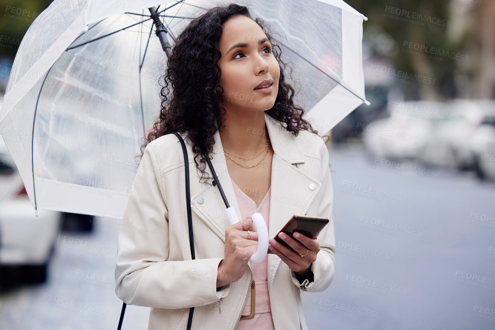 Buy stock photo Rain, umbrella or business woman with phone in city for location, search or travel opportunity. Winter, cover or consultant in London on smartphone app for online communication with chauffeur service