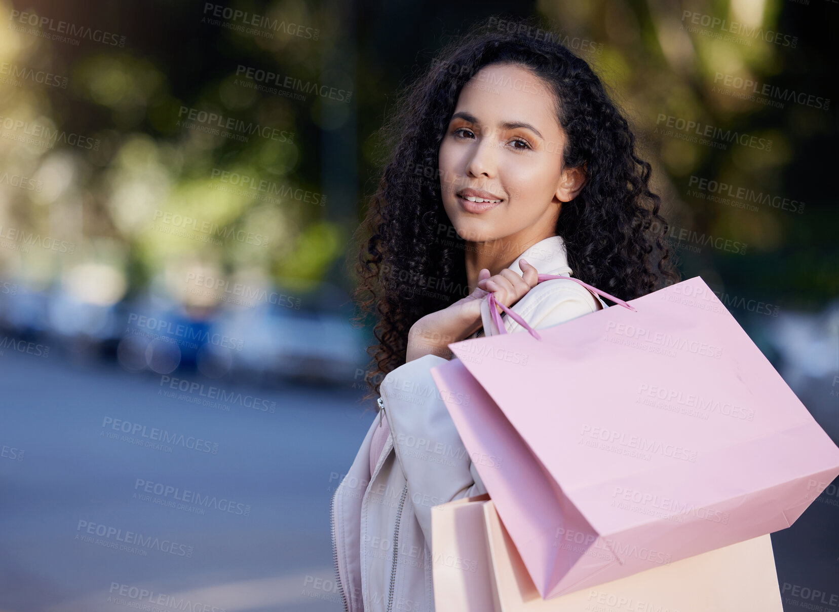 Buy stock photo Shopping bag, portrait and woman in city street for fashion, sale or mall cashback, product or gift. Store, discount or face of retail customer on sidewalk for boutique, giveaway or thrifting choice