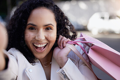 Buy stock photo Smile, portrait and selfie of woman with shopping bag in city for social media, online blog or post. Influencer, happy and photography with packaging for giveaway update, discount or memory in France