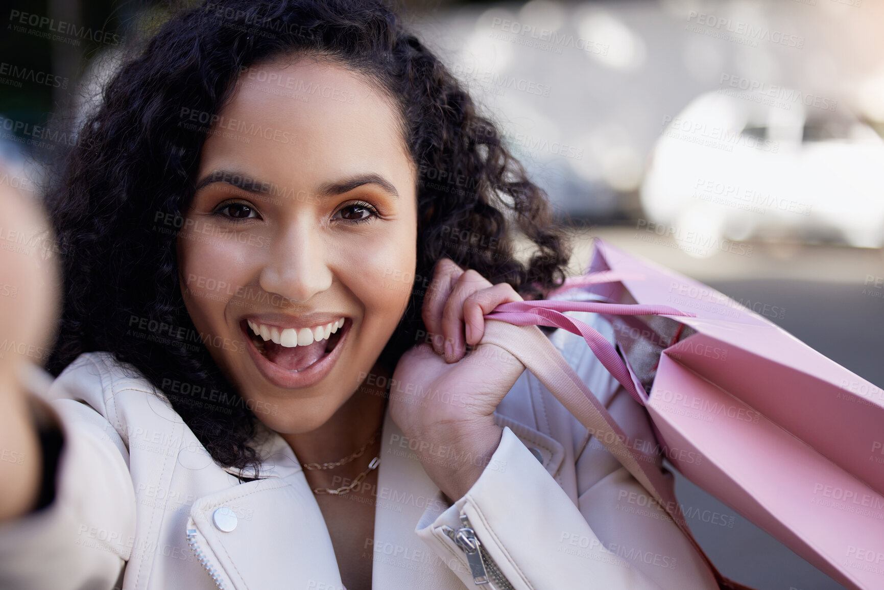 Buy stock photo Smile, portrait and selfie of woman with shopping bag in city for social media, online blog or post. Influencer, happy and photography with packaging for giveaway update, discount or memory in France