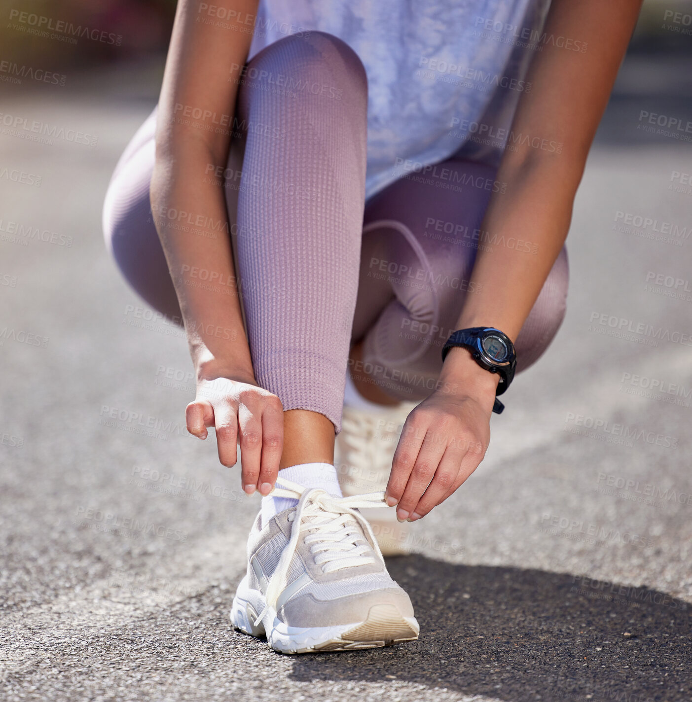 Buy stock photo Hands, shoes and woman tie lace, fitness and exercise with marathon, healthy routine and training motivation. Closeup, person and athlete with sneakers, sunshine and sports with workout and cardio