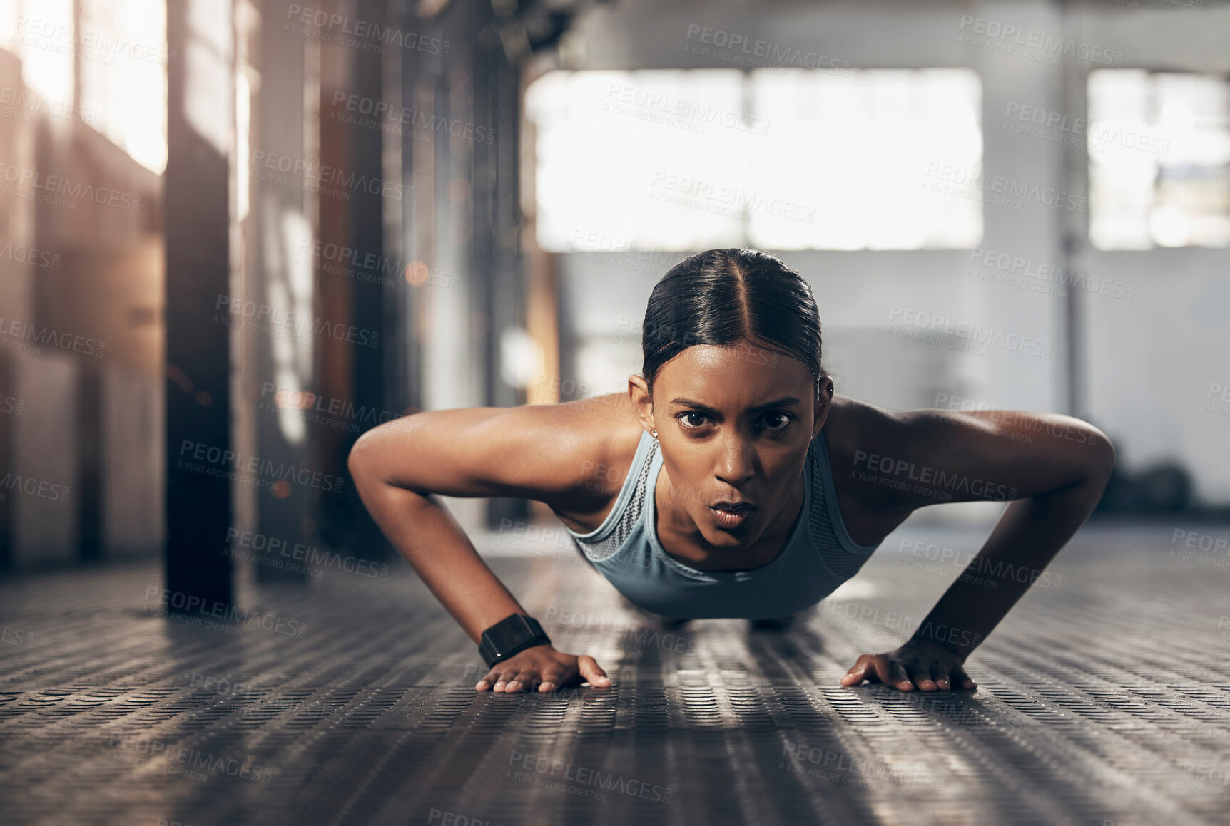 Buy stock photo Push ups, workout and portrait of woman in gym for challenge, exercise and performance. Health, strong and sports with female bodybuilder training in fitness center for energy, wellness and focus 