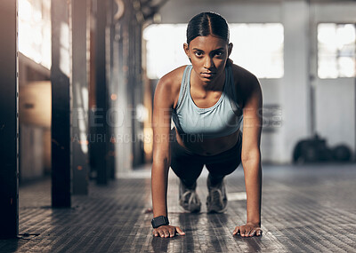 Buy stock photo Push ups, challenge and portrait of woman in gym for workout, exercise and performance. Health, strong and sports with female bodybuilder training in fitness center for energy, wellness and focus 