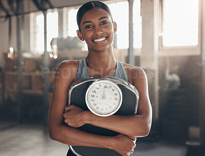 Buy stock photo Scale, fitness and portrait of woman in gym for health, wellness and weightloss workout. Smile, training and female athlete with confidence and pride for muscle exercise in sports center in India.