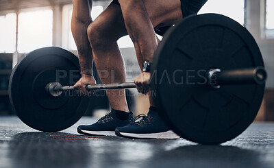 Buy stock photo Gym, fitness and man with hand for lift weight in a closeup for a workout with athletic body . Male trainer, barbell and lifting with exercise for strong muscle at the club for training for sport.