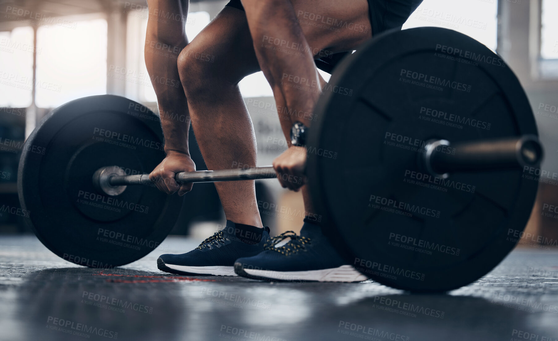 Buy stock photo Gym, fitness and man with hand for lift weight in a closeup for a workout with athletic body . Male trainer, barbell and lifting with exercise for strong muscle at the club for training for sport.