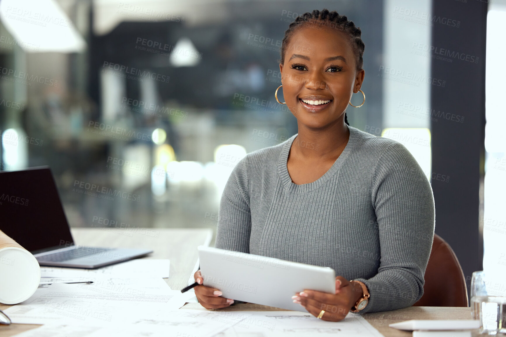 Buy stock photo Business, portrait and black woman with tablet in office, workplace or working in professional agency. Happy employee, technology and work on email, internet networking or typing an online search 
