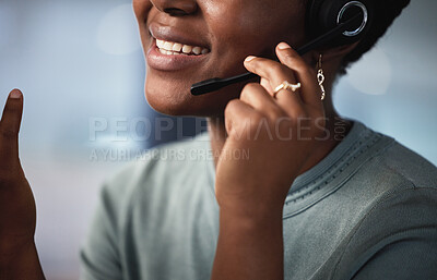 Buy stock photo Call center, black woman and smile with discussion in office for customer service, communication or advice. Person, technology and headset with crm support for sales help, telemarketing or consulting