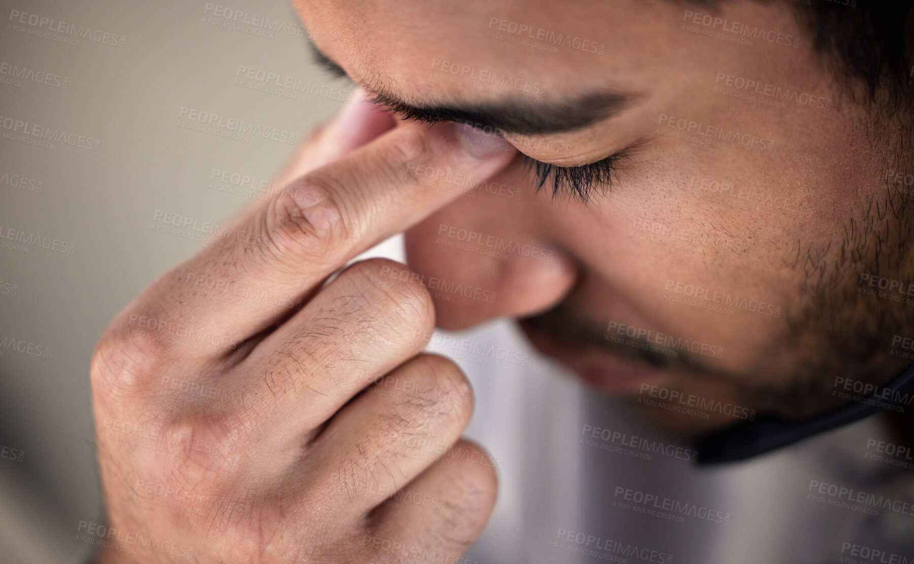 Buy stock photo Man, nose and sinus pain with closeup for health, inflammation and sinusitis by allergy. Male person, nasal bone and headache with rhinitis for facial wellness, congestion and sick in discomfort