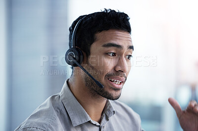 Buy stock photo Talking, call center and business man telemarketing, customer service and support in office. Crm, contact us and Asian male sales agent, consultant and professional working, consulting or help desk