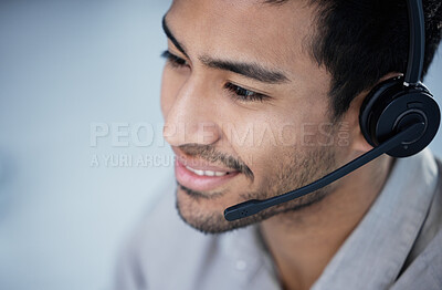 Buy stock photo Call center, telemarketing and business man smile for customer service, support and listening in office mockup. Crm, contact us and Asian male sales agent, consultant and employee consulting for help