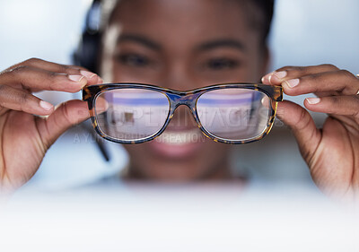 Buy stock photo Vision, glasses and girl on computer with eyesight, protection of blue light and optometry. Eye care, spectacles and black woman in office with help from optician in healthcare for sight at night