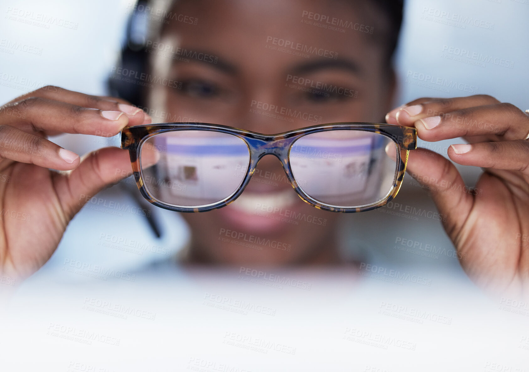 Buy stock photo Vision, glasses and girl on computer with eyesight, protection of blue light and optometry. Eye care, spectacles and black woman in office with help from optician in healthcare for sight at night