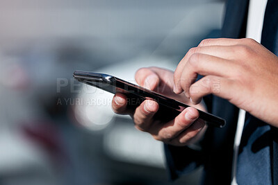 Buy stock photo Hands, businessman and phone in city with news update, typing sms and internet search. Employee, app and holding mobile by sidewalk with web connection for reading email, online conversation and text