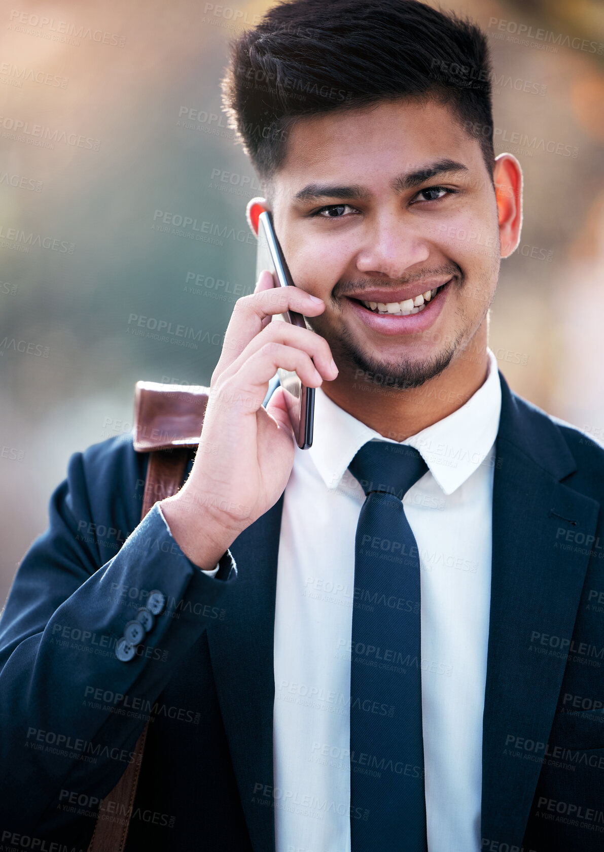 Buy stock photo Businessman, face and phone call in city with communication, talking and audio consultation with client. Male banker, conversation and mobile in urban town for networking and corporate discussion
