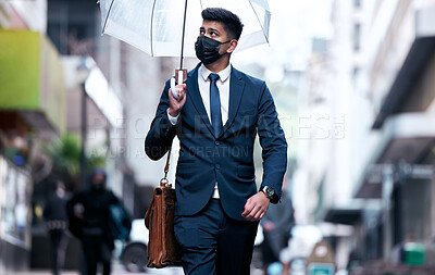 Buy stock photo Business, man and thinking with umbrella in rain, outside and financial insurance for safety or security. Assurance, accountability and protection or cover for assets, future and investment for work