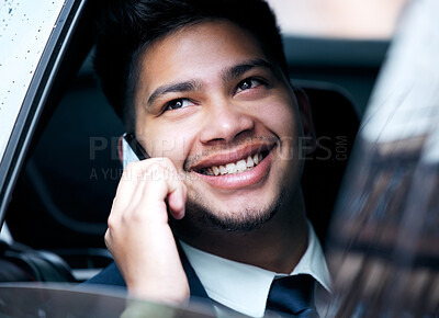 Buy stock photo Happy, phone call or businessman in taxi to travel on urban commute in communication on drive. Car transport, back seat or entrepreneur thinking in mobile conversation on cab ride to work or city