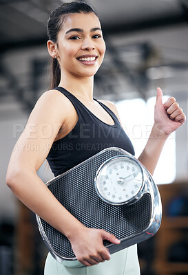 Buy stock photo Fitness, scale and portrait of woman with thumbs up for results, cardio workout or weight loss progress. Wellness, hand gesture and person for healthy body, exercise goal or physical training in gym