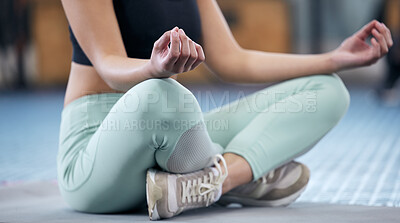 Buy stock photo Girl, yoga and meditate in gym for peace, mindfulness and mental health with zen or wellness. Woman, lotus meditation and calm or breathe for spiritual wellbeing in daily routine, workout and closeup