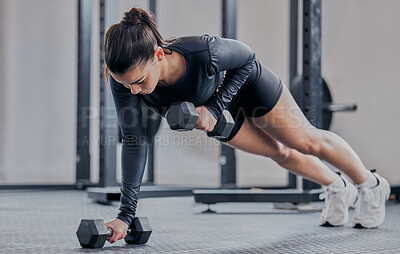 Buy stock photo Woman, push up and dumbbell in gym for workout, exercise and training for strong abs or muscle. Female person, bodybuilder and athlete for sport and plank, power core and equipment for weightlifting