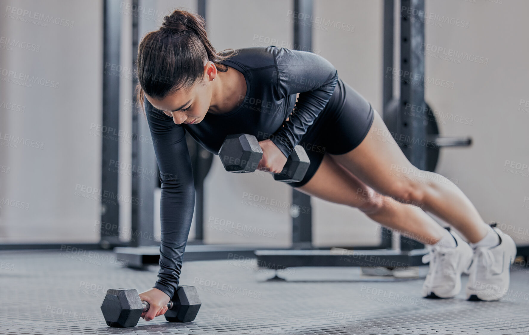 Buy stock photo Woman, push up and dumbbell in gym for workout, exercise and training for strong abs or muscle. Female person, bodybuilder and athlete for sport and plank, power core and equipment for weightlifting