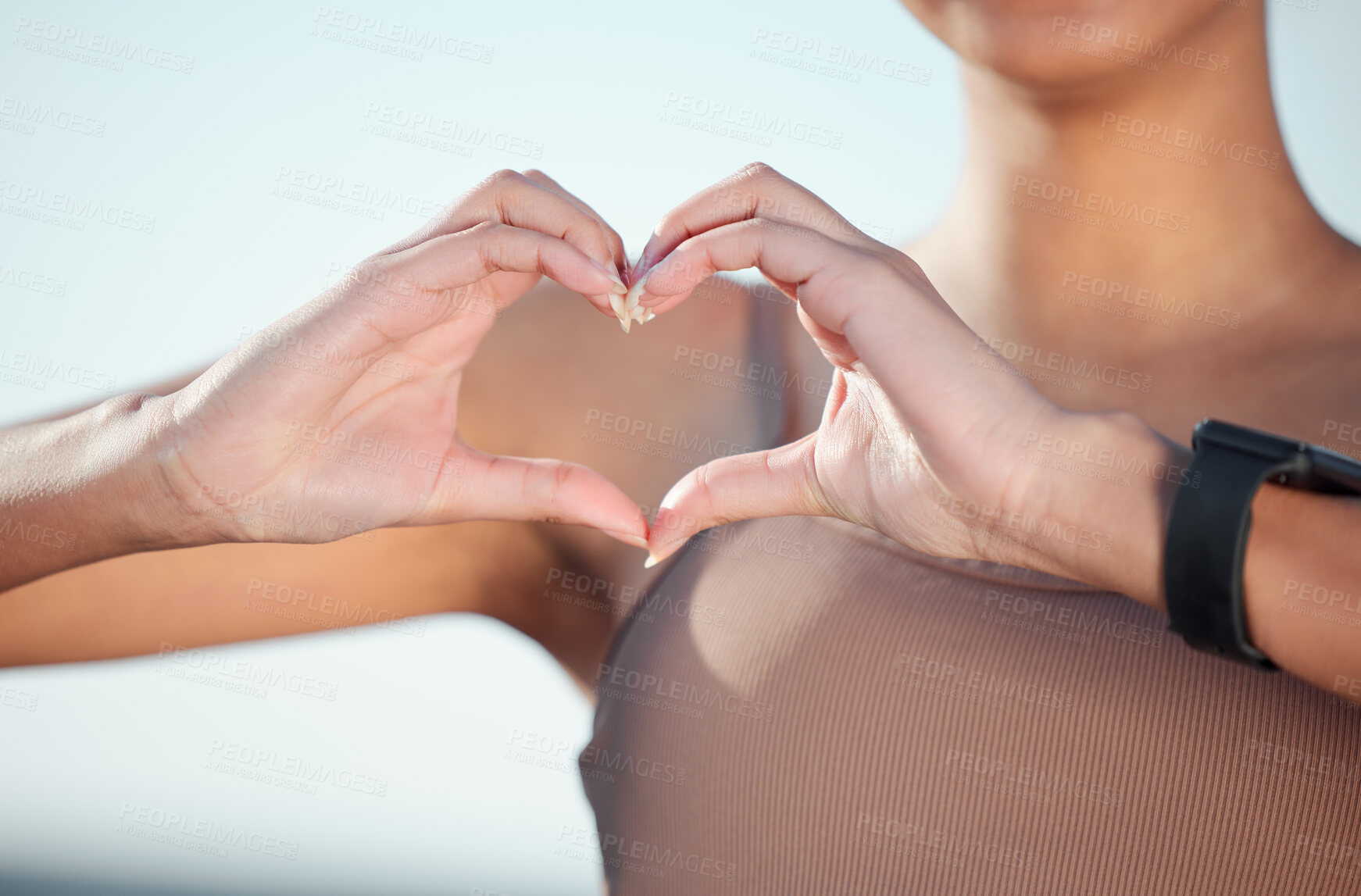 Buy stock photo Woman, fitness and love with heart hands for exercise, workout or outdoor training in nature. Closeup of female person or athlete with emoji, review or feedback for passion in health and wellness