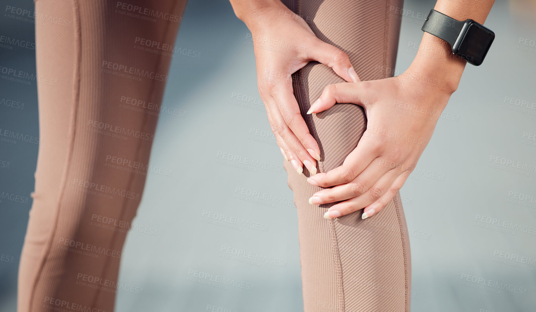 Buy stock photo Woman, hands and knee injury with pain in fitness from accident, torn muscle or inflammation in outdoor exercise. Closeup of female person or runner with sore leg, ache or swollen joint from workout